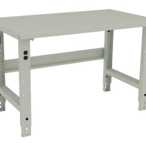 A beige, adjustable-height workbench with a flat rectangular surface and sturdy metal legs. The legs have holes for adjusting height and support a horizontal beam for added stability. The design is simple and functional, suitable for various tasks.
