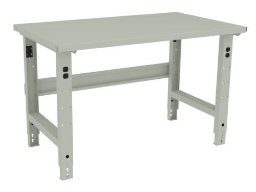 A beige, adjustable-height workbench with a flat rectangular surface and sturdy metal legs. The legs have holes for adjusting height and support a horizontal beam for added stability. The design is simple and functional, suitable for various tasks.