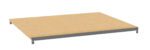 An illustration of a rectangular wooden shelf supported by a metal frame. The wood has a light tan color, and the metal frame is grey. The shelf appears simple and minimalistic.
