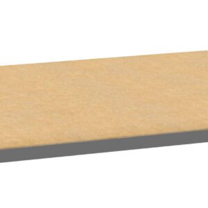 An illustration of a rectangular wooden shelf supported by a metal frame. The wood has a light tan color, and the metal frame is grey. The shelf appears simple and minimalistic.