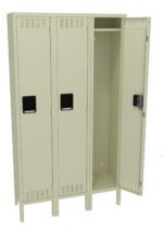 A beige, three-compartment metal locker with black handles. The rightmost door is open, revealing an empty interior with a hanging rod and shelf. The other two compartments are closed. The locker has ventilation slots on each door.