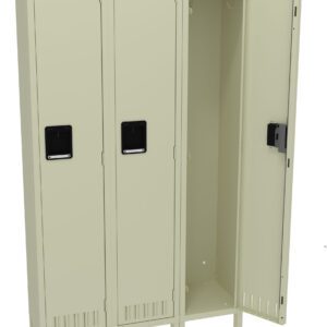 A beige, three-compartment metal locker with black handles. The rightmost door is open, revealing an empty interior with a hanging rod and shelf. The other two compartments are closed. The locker has ventilation slots on each door.