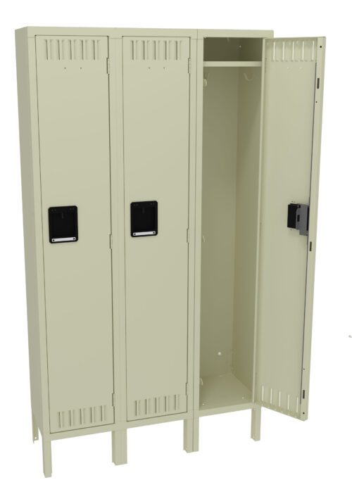 A beige, three-compartment metal locker with black handles. The rightmost door is open, revealing an empty interior with a hanging rod and shelf. The other two compartments are closed. The locker has ventilation slots on each door.