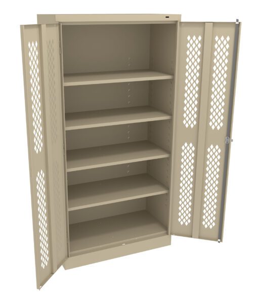 A beige metal storage cabinet with double doors open, revealing five adjustable shelves. The doors have a diamond-patterned ventilation design.