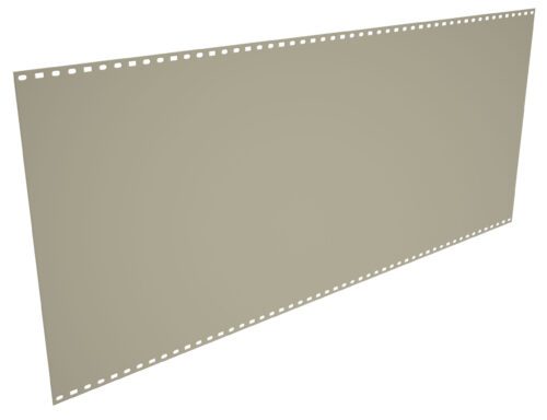 A beige piece of flat, rectangular, perforated sheet metal with evenly spaced small holes along the top and bottom edges. The sheet is shown from an angled perspective on a white background.