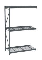 A metal storage rack with three long shelves, consisting of a solid top shelf and two wire mesh lower shelves, supported by a sturdy frame. The rack is designed for industrial or garage storage.