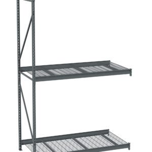 A metal storage rack with three long shelves, consisting of a solid top shelf and two wire mesh lower shelves, supported by a sturdy frame. The rack is designed for industrial or garage storage.