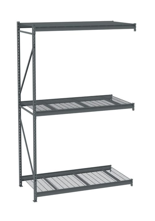 A metal storage rack with three long shelves, consisting of a solid top shelf and two wire mesh lower shelves, supported by a sturdy frame. The rack is designed for industrial or garage storage.