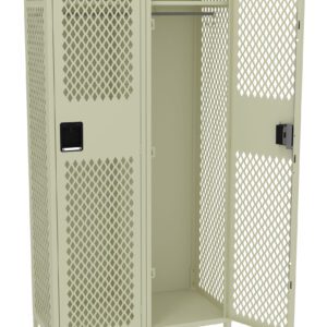 An empty beige metal locker with a perforated diamond pattern on the doors. One door is open, showing the interior with a single shelf and hanging rod.
