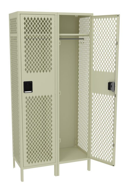 An empty beige metal locker with a perforated diamond pattern on the doors. One door is open, showing the interior with a single shelf and hanging rod.