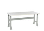 A gray metal workbench with a white tabletop, featuring adjustable legs for height customization. The bench is isolated against a white background.