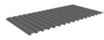 A 3D rendering of a gray, rectangular, corrugated metal sheet displayed diagonally against a white background. The sheet features evenly spaced ridges running parallel along its length.