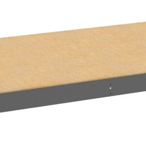 A rectangular shelf panel with a wooden surface and grey metal frame, set against a white background.