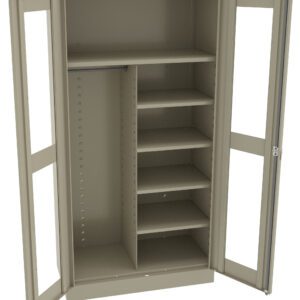 A beige metal storage cabinet with two open doors. The interior features a vertical divider, with several adjustable shelves on the right and a hanging rod for clothes on the left. The cabinet stands on a flat base.