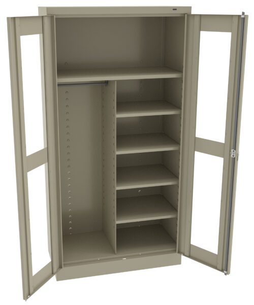 A beige metal storage cabinet with two open doors. The interior features a vertical divider, with several adjustable shelves on the right and a hanging rod for clothes on the left. The cabinet stands on a flat base.