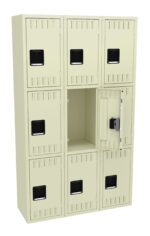 A beige locker unit with nine individual compartments. One locker is open, displaying a metal latch mechanism and revealing an empty interior. Each locker door has a small black handle and vents for airflow.