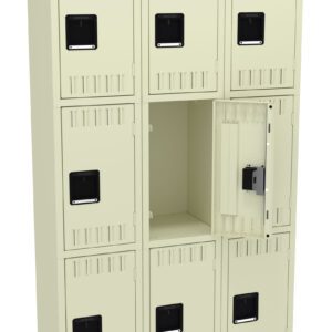 A beige locker unit with nine individual compartments. One locker is open, displaying a metal latch mechanism and revealing an empty interior. Each locker door has a small black handle and vents for airflow.