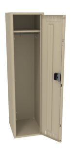A beige metal locker with a single door open, revealing an empty interior. Inside, there is a horizontal hanging rod near the top. A black lock is attached to the door.
