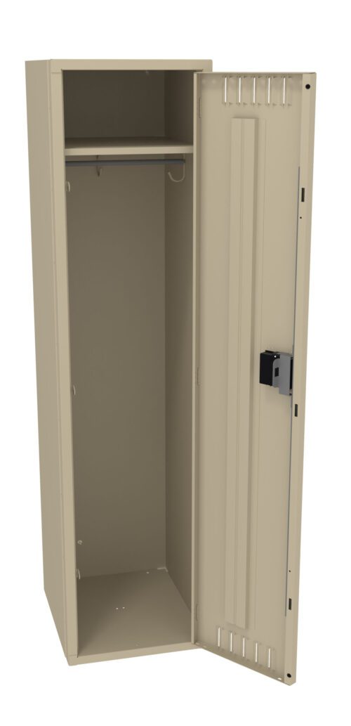 A beige metal locker with a single door open, revealing an empty interior. Inside, there is a horizontal hanging rod near the top. A black lock is attached to the door.