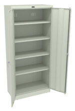 A light gray metal storage cabinet with open double doors and five adjustable shelves. The cabinet has a simple design suitable for organizing or storing items.