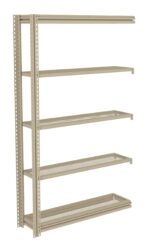 A beige metal shelving unit with five adjustable perforated shelves, designed for storage and organization. The shelves are evenly spaced and supported by sturdy vertical beams with holes for customization. Suitable for various spaces.