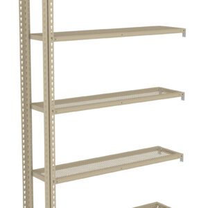 A beige metal shelving unit with five adjustable perforated shelves, designed for storage and organization. The shelves are evenly spaced and supported by sturdy vertical beams with holes for customization. Suitable for various spaces.