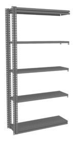 A tall, gray metal shelving unit with five adjustable shelves. The structure has a simple, industrial design with perforated side supports for customizable shelf positioning. The unit is freestanding and appears sturdy.