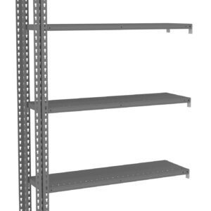 A tall, gray metal shelving unit with five adjustable shelves. The structure has a simple, industrial design with perforated side supports for customizable shelf positioning. The unit is freestanding and appears sturdy.
