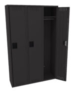 A black metal three-door locker with one door open. The open compartment reveals a hanging rod inside. The lockers have rectangular handles and small ventilation slits near the top and bottom of each door.