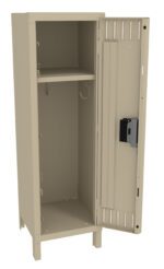 A beige metal locker with one open door revealing an interior shelf, a hanging hook, and a spacious compartment below. The locker is upright and stands on four short legs.