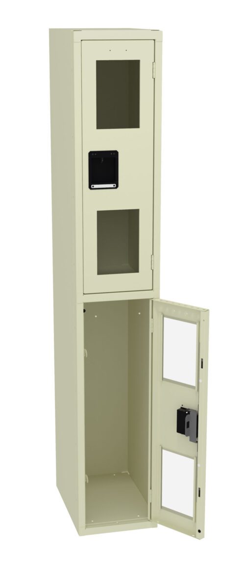 A tall beige metal locker with two compartments is shown. The bottom compartment door is open, revealing an empty interior, while the top compartment is closed. Both doors have transparent windows and black rectangular handles.