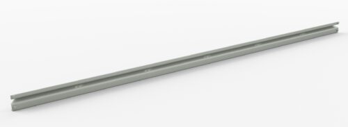 A long, slender, light gray metal rail positioned diagonally against a white background. The rail has a simple, linear design with subtle indentations along its length.