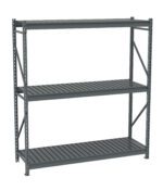 A large, empty, industrial metal shelving unit with three gray shelves. The unit has vertical support beams with perforations for adjustable shelf placement. It is set against a white background.