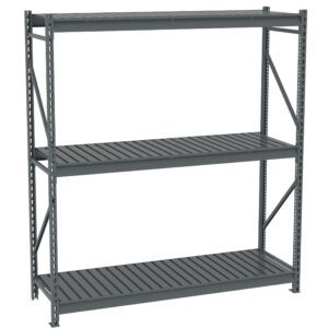 A large, empty, industrial metal shelving unit with three gray shelves. The unit has vertical support beams with perforations for adjustable shelf placement. It is set against a white background.