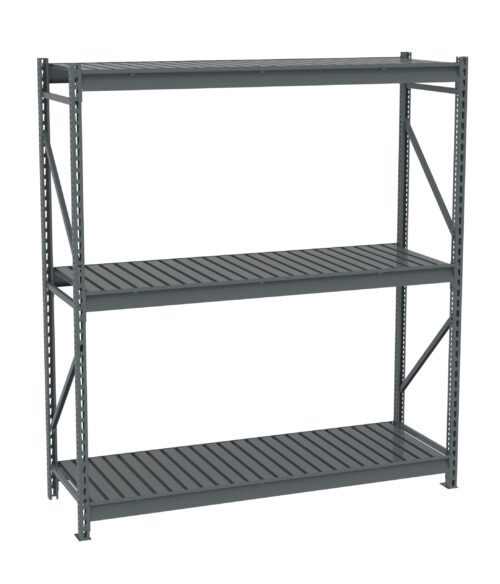 A large, empty, industrial metal shelving unit with three gray shelves. The unit has vertical support beams with perforations for adjustable shelf placement. It is set against a white background.