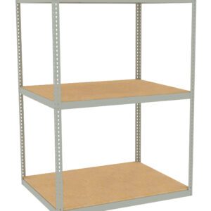 A freestanding metal storage rack with two wooden shelves, set against a plain white background. The frame is metallic gray, and the shelves have a natural wood finish. Ideal for organizing and storing items.