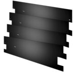 A set of four black metal plates arranged in a staggered stack. Each plate has a smooth finish with small notches on the sides and a hole near one edge.