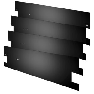 A set of four black metal plates arranged in a staggered stack. Each plate has a smooth finish with small notches on the sides and a hole near one edge.