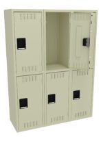 A beige metal locker with six compartments, arranged in two rows of three. One door in the top row is open, revealing an empty interior. Each compartment has a black handle and ventilation slots.