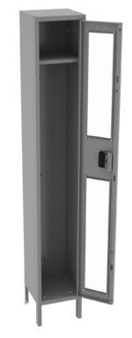 Tall grey metal storage locker with one door open. Interior features a top shelf and a spacious compartment below. The open door has two large rectangular sections with no panels, revealing the inside.