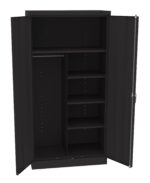 An open black wardrobe with two doors, featuring multiple shelves on the right side and a hanging rod on the left. The interior is empty, showcasing its storage potential.
