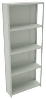 Tall, gray metal shelving unit with five adjustable shelves and perforated side panels, suitable for storage in a garage, warehouse, or office setting.