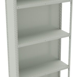 Tall, gray metal shelving unit with five adjustable shelves and perforated side panels, suitable for storage in a garage, warehouse, or office setting.
