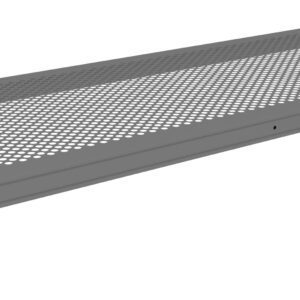 A gray, rectangular metal shelf with a perforated surface, featuring small circular holes for ventilation or drainage. It has a sturdy frame and brackets on each end for mounting or installation.