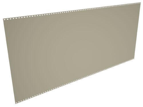 qymtjeikccauqf6hon50.jpg A 3D rendering of a rectangular punching sheet with small uniform holes along its edges, giving it a perforated appearance. The sheet is tilted slightly, showing a light gray surface and a shadowed gradient.