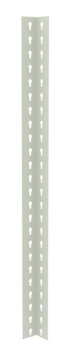 A light gray metal angle bracket with evenly spaced keyhole-shaped cutouts running vertically along its surface, designed for mounting or support applications.