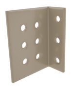 A beige metal bracket with a right-angle shape and four equally spaced holes on each side, reminiscent of robust structural mezzanine components, set against a white background.