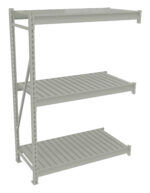 Metal storage shelving unit with three adjustable shelves, perfect for saving time picking fast movers. The frames light gray color and slotted design offer customization, while the slatted shelves provide sturdy support for various items.