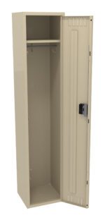 A beige metal locker with its door open, revealing a single shelf and a hanging rod inside. The locker has a vented design on the door and a lock mechanism on the right-hand side.
