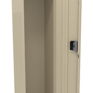 A beige metal locker with its door open, revealing a single shelf and a hanging rod inside. The locker has a vented design on the door and a lock mechanism on the right-hand side.